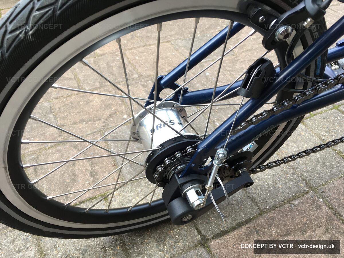 A rear wheel and hub on a bicycle