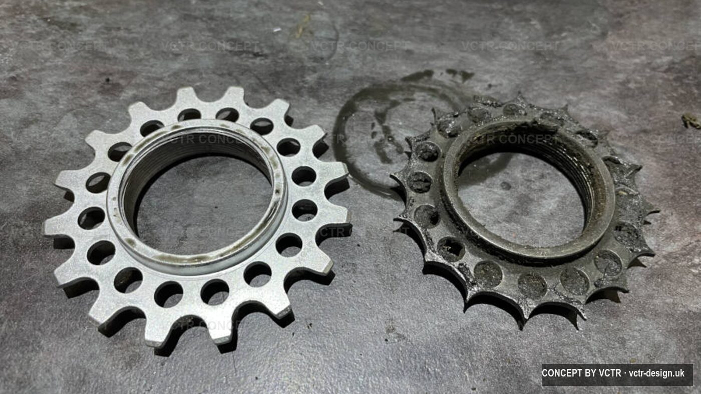 A worn sprocket next to a new one for comparison