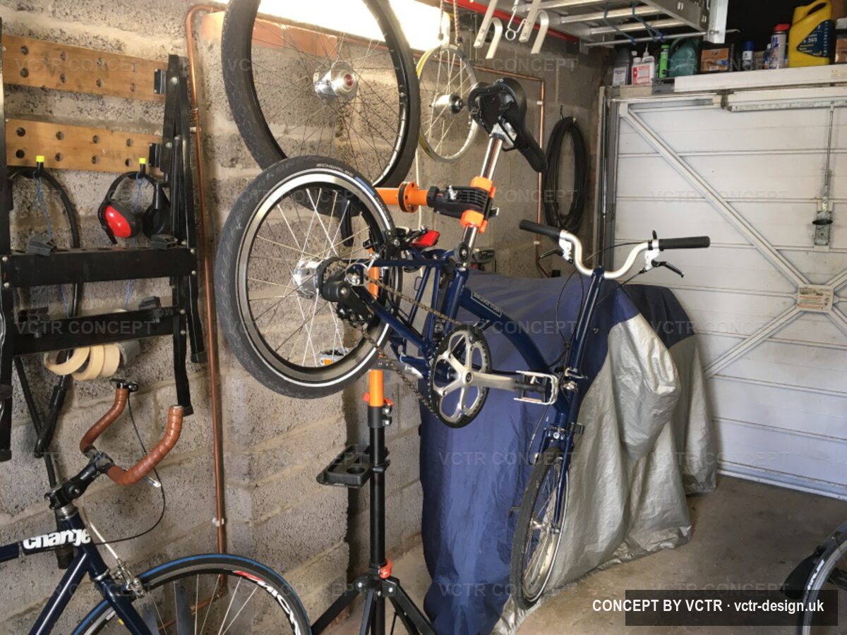 A bike in the repair stand in the PW Cycles workshop